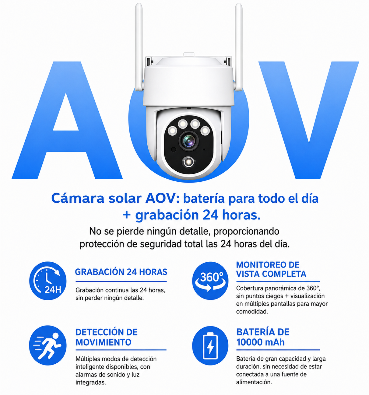 Cámara de Vigilancia Solar 4G AOV 3MP con Panel Solar de 7W, Grabación Continua 24H, Detección Inteligente de Personas, Visión Nocturna en Color, Audio Bidireccional e IP65
