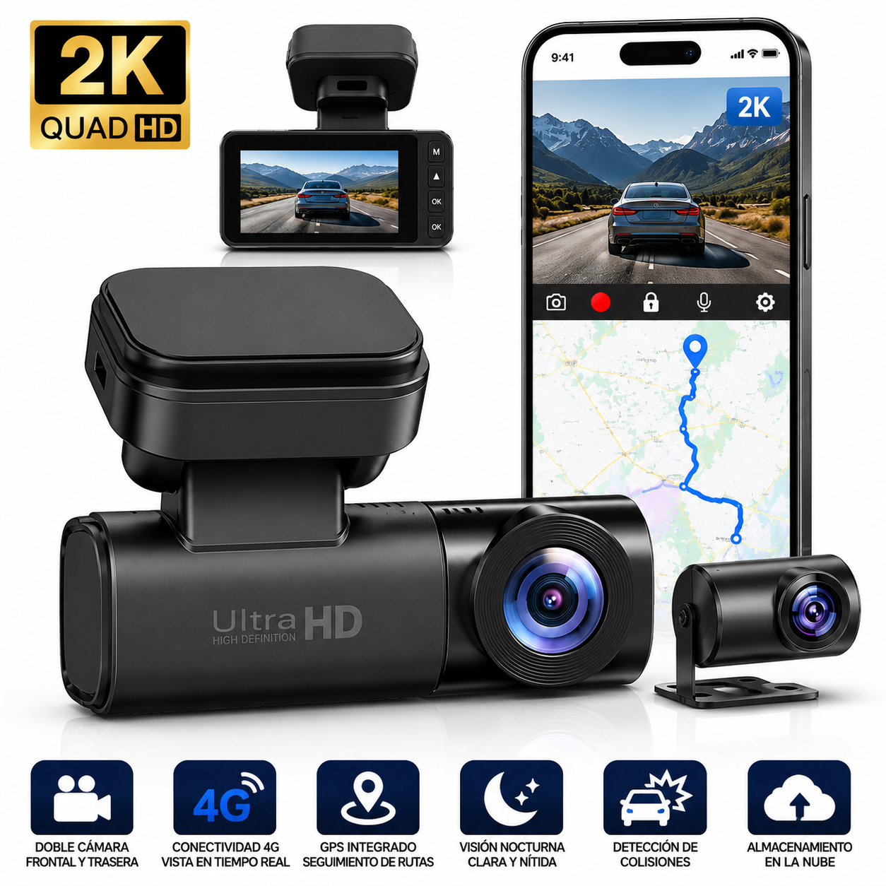 Dashcam 4G Dual 2K + Cámara Trasera Full HD | GPS en Tiempo Real, Vigilancia 24H y Control Remoto desde App