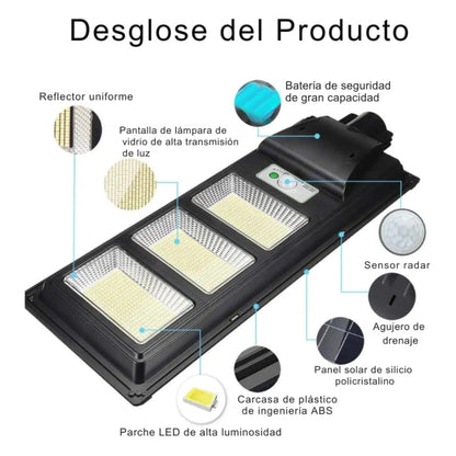 Farola Solar LED Con Sensor de Movimiento y Batería LiFePO4 para Iluminación Exterior Eficiente y Sostenible - 150W / 200W / 250W / 300W