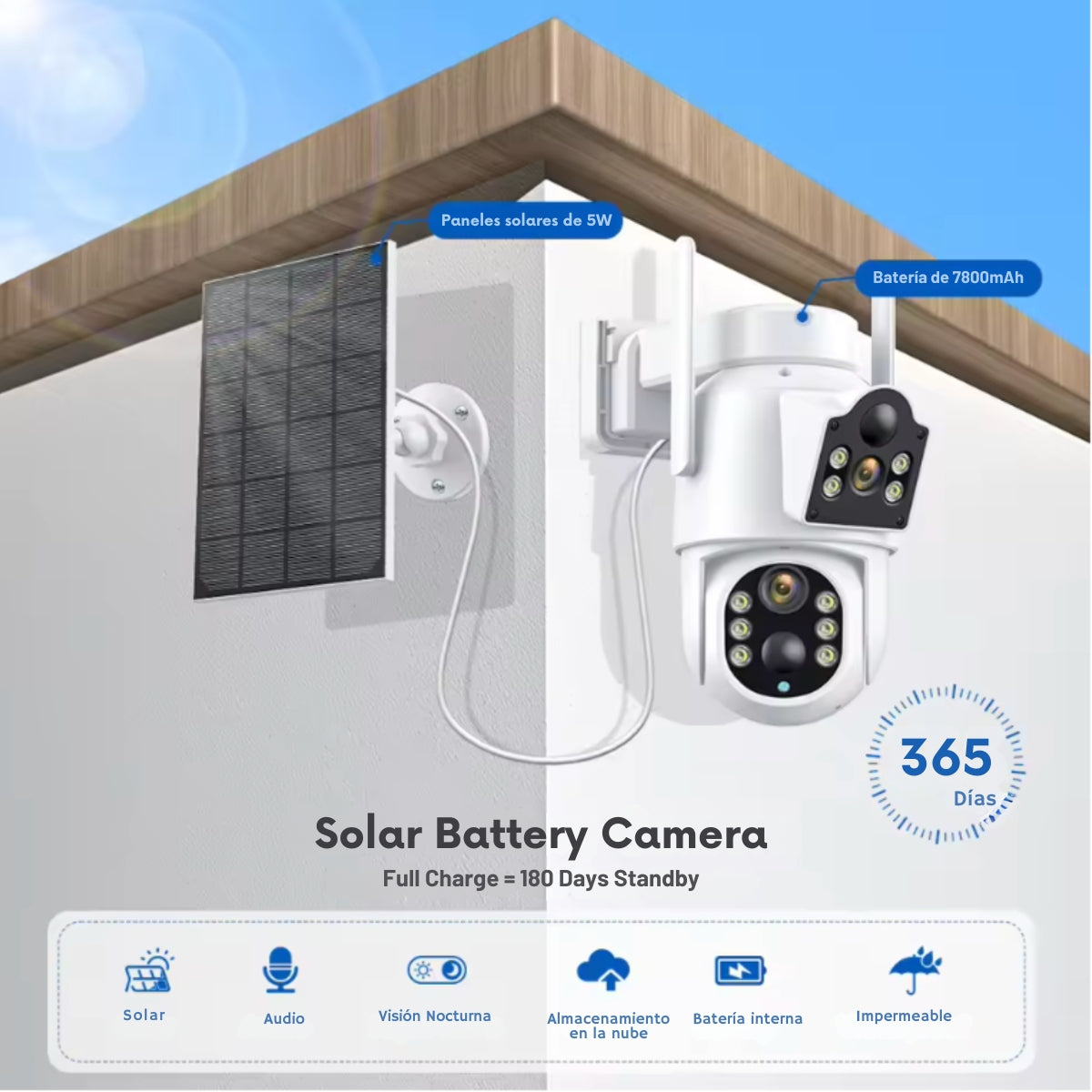Cámara de Vigilancia Solar de Bajo Consumo para Seguridad con Detección PIR, Codificación H.265X, Visión Nocturna IR-CUT, Almacenamiento en la Nube y Conectividad Wi-Fi