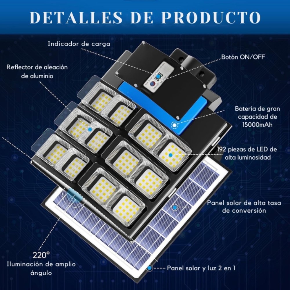Lámpara Solar LED de Alta Potencia – Con Panel Solar Policristalino, Batería LiFePO4 y Sensores Inteligentes para Iluminación Exterior Eficiente – 2000W / 2400W