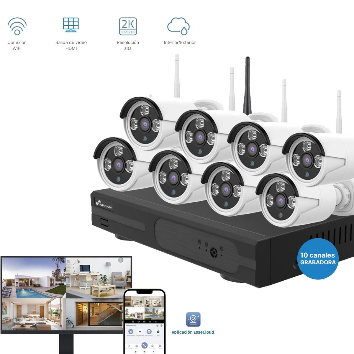 Kit de Monitoreo Inteligente HD 1MP con Audio Bidireccional, Visión Nocturna Infrarroja, Doble Flujo H.264 y Emparejamiento Rápido por Red o Botón
