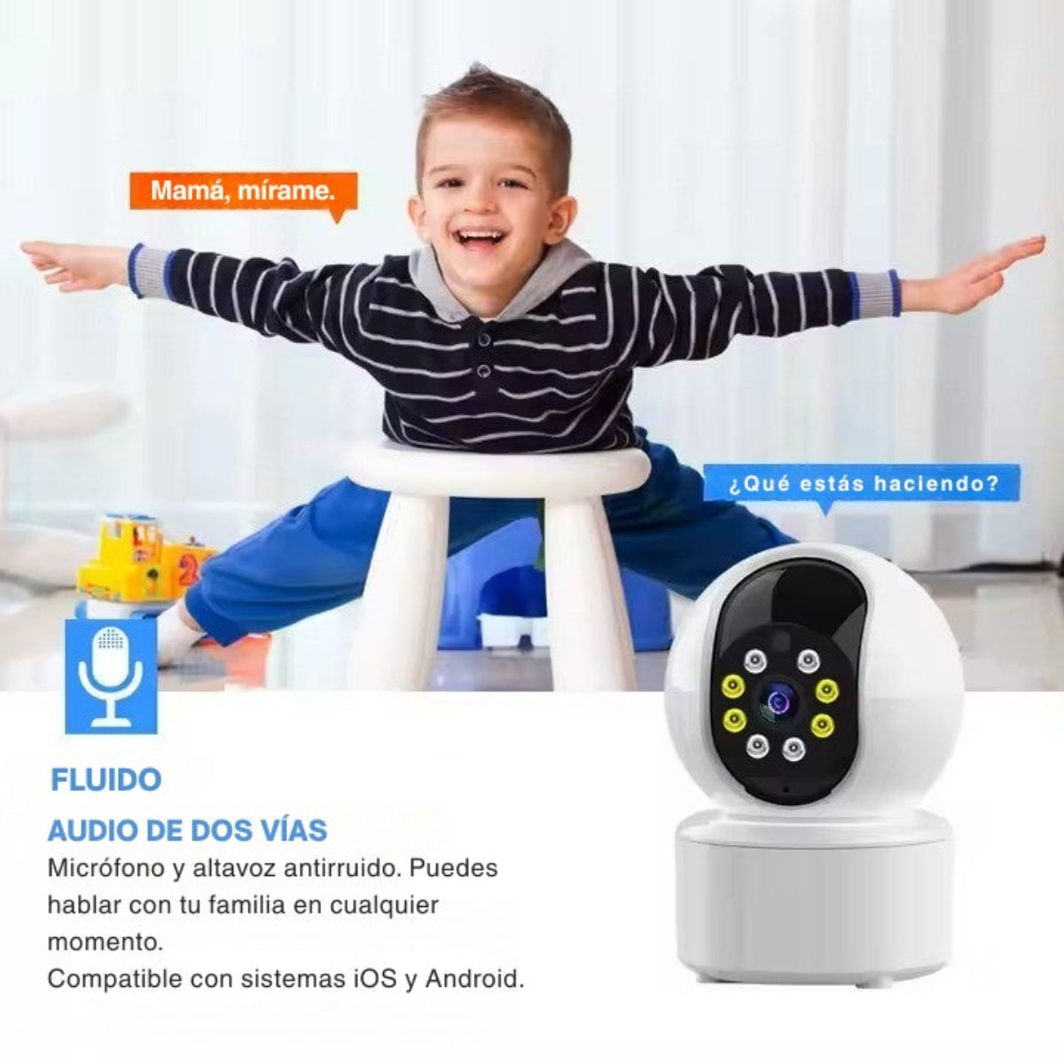 Cámara de Vigilancia Interior para Seguridad, Rotación Panorámica, Visión Nocturna, Audio Bidireccional, Detección de Movimiento PIR, Seguimiento de Personas, Almacenamiento en la Nube, Conectividad Wi-Fi 2.4GHz, Compatible con App Móvil