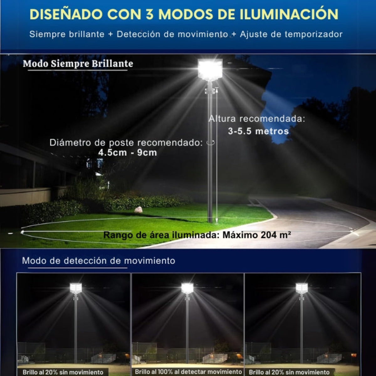 Lámpara Solar LED de Alta Potencia – Con Panel Solar Policristalino, Batería LiFePO4 y Sensores Inteligentes para Iluminación Exterior Eficiente – 2000W / 2400W