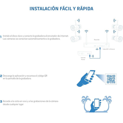 Kit de Monitoreo Inteligente HD 1MP con Audio Bidireccional, Visión Nocturna Infrarroja, Doble Flujo H.264 y Emparejamiento Rápido por Red o Botón