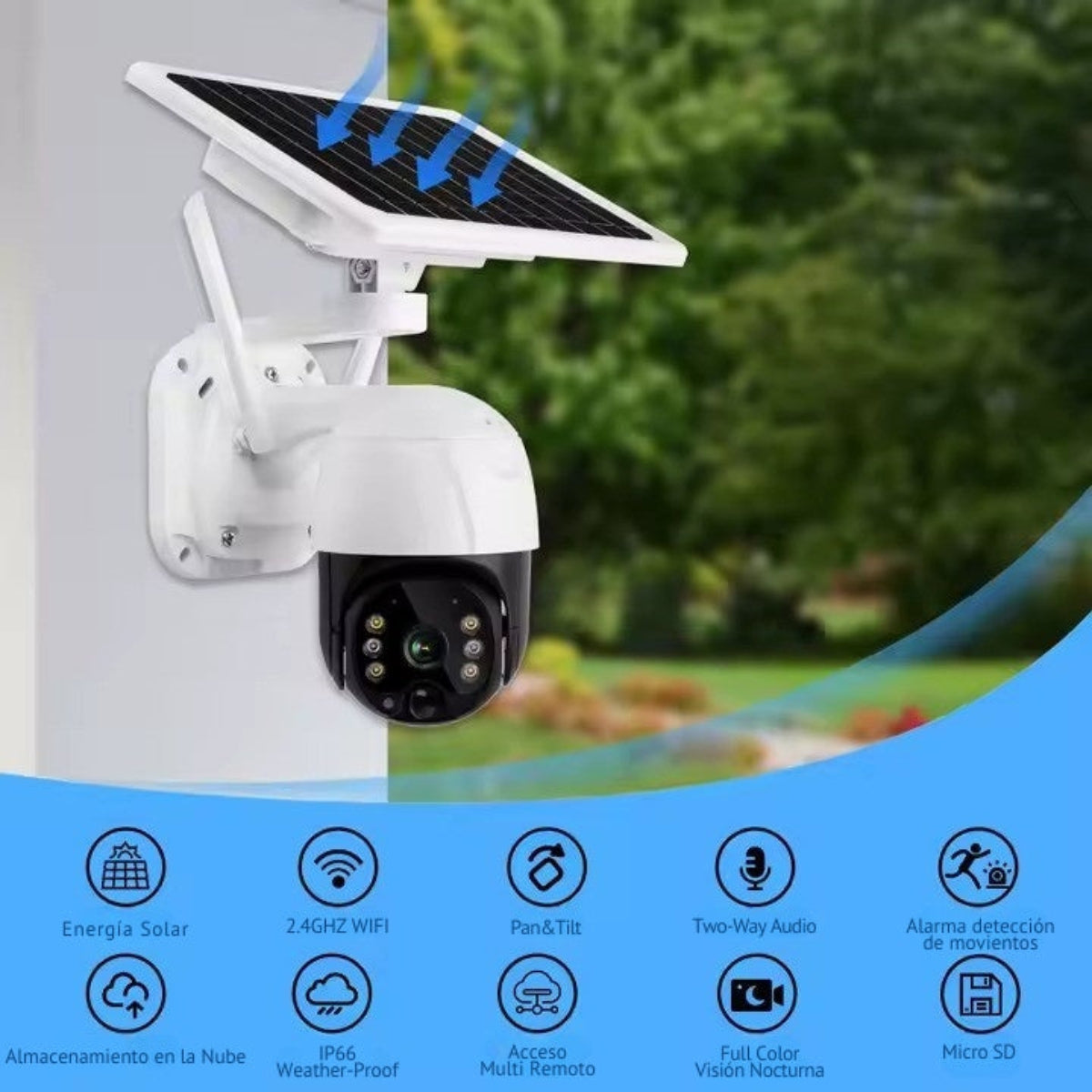 Cámara de Vigilancia Solar para Seguridad de Bajo Consumo de Seguridad, 4MP, Detección PIR, H.265X, Visión Nocturna IR-CUT, Almacenamiento en la Nube, Conectividad Wi-Fi, Resistencia a Altas Temperaturas