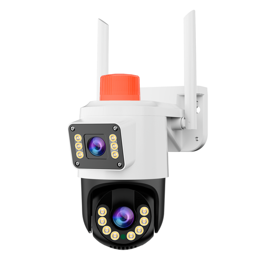 Cámara de Vigilancia PTZ Inteligente para Seguridad Wi-Fi 4MP con Doble Antena, Visión Nocturna a Color, Alarma, Almacenamiento hasta 256GB, Impermeable, Resistente a Rayos, Monitoreo Remoto para Interior y Exterior