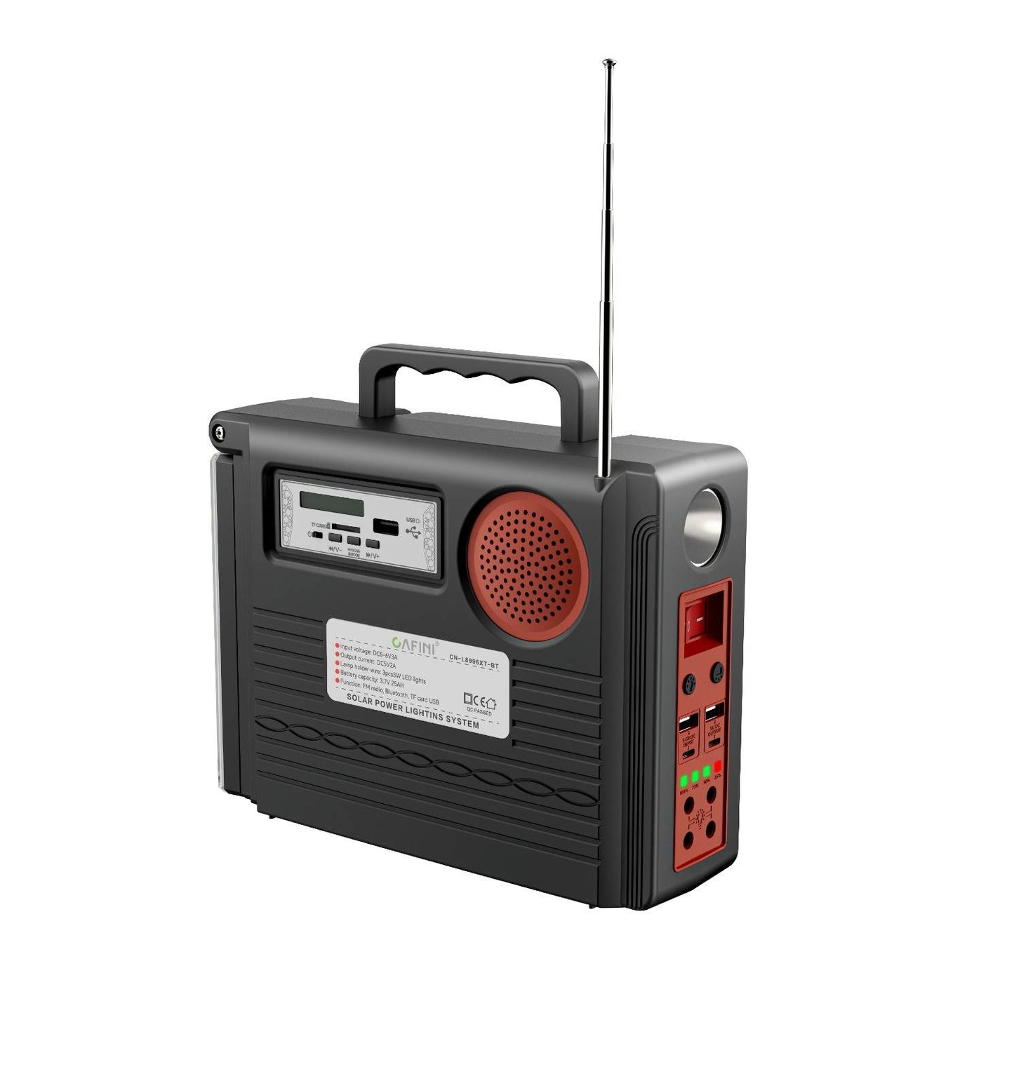 Sistema Solar QT-8806: Iluminación 20W, Panel 5W, Batería 5000mAh, 3 Bombillas LED, Radio FM, Bluetooth y Carga USB. Kit Portátil para Emergencias y Camping