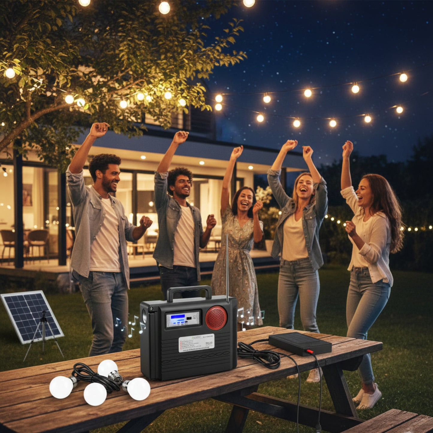 Sistema Solar QT-8806: Iluminación 20W, Panel 5W, Batería 5000mAh, 3 Bombillas LED, Radio FM, Bluetooth y Carga USB. Kit Portátil para Emergencias y Camping