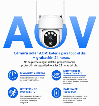 Cámara de Vigilancia Solar 4G AOV 3MP con Panel Solar de 7W, Grabación Continua 24H, Detección Inteligente de Personas, Visión Nocturna en Color, Audio Bidireccional e IP65