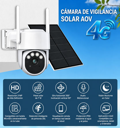Cámara de Vigilancia Solar 4G AOV 3MP con Panel Solar de 7W, Grabación Continua 24H, Detección Inteligente de Personas, Visión Nocturna en Color, Audio Bidireccional e IP65